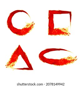 Set of grunge frames of various shapes. Trendy design with brush strokes with fire effect. Isolated on white background. Vector.