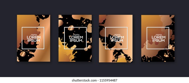 Set of grunge gold paint texture. Distress rough background. Noise dirty rectangle stamp, card, background, cover. Black and golden marble texture.