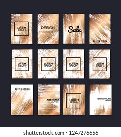 Set of grunge gold paint texture. Distress rough background. Noise dirty rectangle stamp, card, background, cover. Black and golden marble texture.
