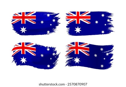 Set of of grunge graphic style Australian flags. Flag of Australia creative collection. Abstract artistic 3D and waving shapes with isolated clipping mask. Badge label design. Business or art concept.