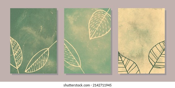 Set of grunge green backgrounds with abstract linear leaves for wall decor, postcard, cover. Vector illustration.