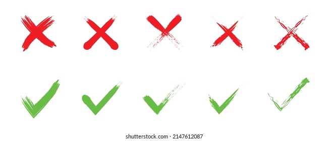set of grunge green checkmark and red cross on white background