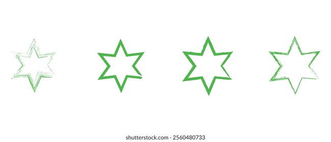 Set of grunge green stars imprints.Vector Grunge Set of Star Imprints Isolated on White Background. Hand Drawn Paint Elements.