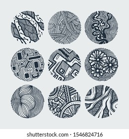 Set of grunge halftone drawing textures. Random doodle circles. Vector illustration