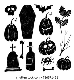 Set of grunge Halloween graphic elements. Black hand-drawn icons of pumpkins, coffin, spider, skull, and bat isolated on white background. 