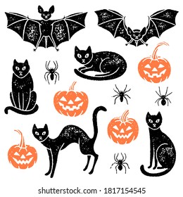 Set of grunge Halloween illustrations with black cats, bats, spiders, and carved pumpkins.