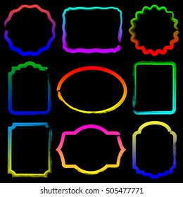 Set of grunge hand drawn brushstroke frames on black background vector illustration. Hand drawn brush stroke