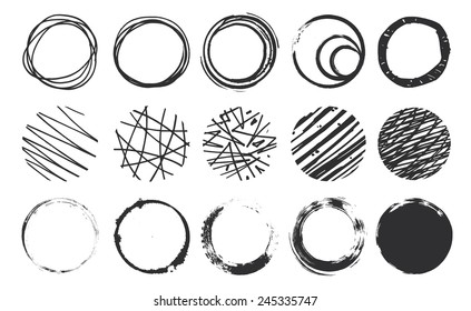 set of grunge hand drawn ink circles with stripes and lines