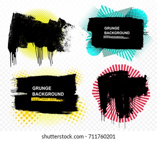 Set of grunge hand drawn paint brush. Curved brush with smudges. Freehand drawing. Design element for gift cards, leaflets and brochures. Vector illustration. Isolated on transparent background. 