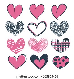 Set of grunge hand drawn pink hearts isolated icons. Vector illustration for design