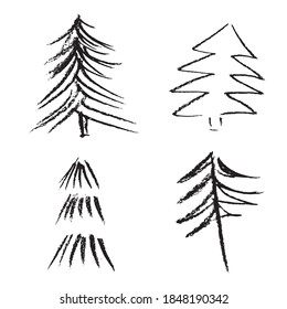 Conjunto de árboles dibujados a mano. Árboles de Navidad en forma de esbozo, ilustración vectorial aislada en blanco
