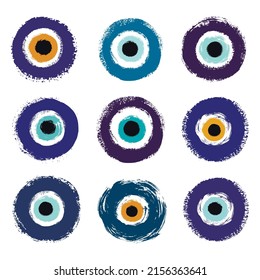 Set of grunge hand drawn Turkish evil eye. Symbol of protection in Greece, Cyprus. Amulet from evil eye.