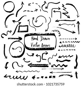 Set of grunge hand drawn vector pointers and arrows. Brush painted graphic elements for website, business presentations.