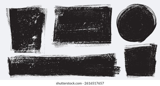 Set of grunge hand painted black blocks of paint texture. Sponge thin artist brush background. Mix abstract vector background. Isolated on white background