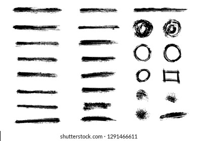 Set of grunge hand-drawn brushes, circles and spots. Collection of careless brush strokes and paint stains. Overlay template to quickly create a grunge effect in your design. Vector illustration