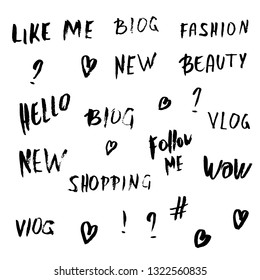 Set of grunge handwritten lettering  and signs for social media network. Vector illustration. 