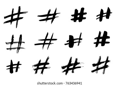 Set of grunge Hashtag icons. Modern social symbols isolated on a white background. Vector illustration