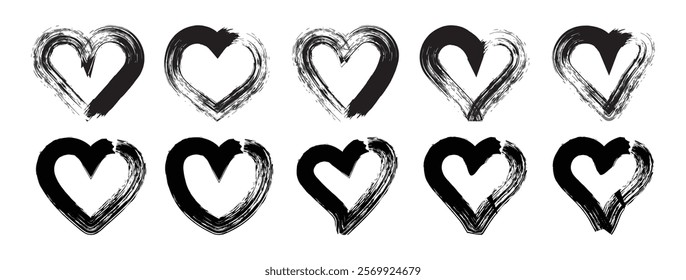 Set of grunge hearts. Design elements for Valentine's Day. Heart shapes. Isolated on white background. Vector illustration.