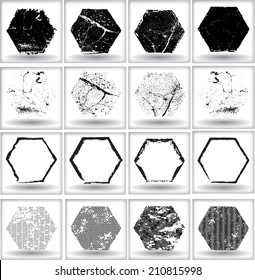 Set Of Grunge Hexagon Shapes. Vector Illustration. 