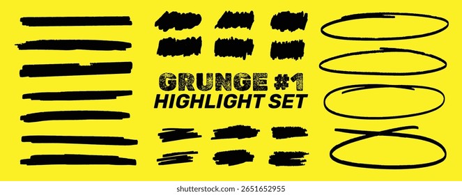 Conjunto de traçados de pincel marcador do Grunge Highlighter em amarelo, preto Grunge Marker Strokes coleção para realce e design, desenhado à mão Grunge Highlight Elements
