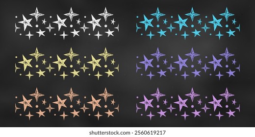 Set of Grunge Horizontal Seamless Patterns Children's Chalk Drawn Sketches of Stars. Kit of Textural Crayon Drawings of Endless Borders for Cards, Banners, Covers, Postcards, Envelopes, Forms.