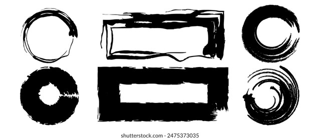Conjunto de marcos de pincel de tinta grunge con textura de salpicaduras. Cuadros de texto. colección de Plantilla de Vector aislada sobre fondo blanco.