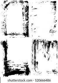 Set of grunge ink dry brush textures, frames, decorations, background. Vector isolated shapes.