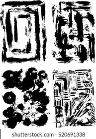 Set of grunge ink dry brush textures, frames, decorations, background. Lines and circles. Vector isolated shapes.