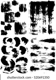 Set of grunge ink dry brush textures, frames, decorations, background. Lines and circles. Vector isolated shapes.