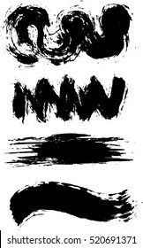 Set of grunge ink dry brush strokes or decorations. Waves, zigzag lines. Vector isolated shapes.