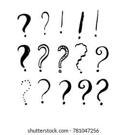 Set of grunge ink question and exclamation marks. Hand drawn vector illustration for your design. 