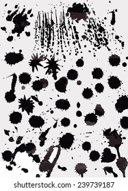 Set of grunge ink splashes.Black splashes on white background 