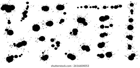 Set of grunge ink splatter. Splash of paints, spray drops, wet paint drop collection.