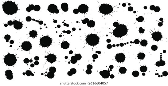 Set of grunge ink splatter. Splash of paints, spray drops, wet paint drop collection.