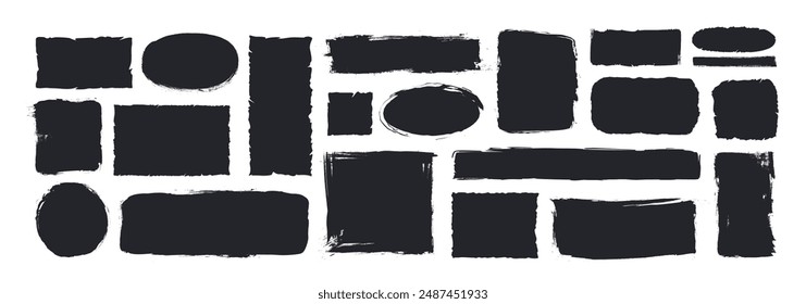 Conjunto de Formas geométricas dentadas grunge. Abstractas siluetas negras de rectángulo, círculo o cuadrado. Pegatinas rasgadas con espacio de copia. Colección de Ilustración vectorial plana aislada sobre fondo blanco