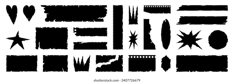 Set of grunge jagged rectangle, irregular star, crown and heart shape. Black torn paper sheet for sticker, collage, banner. Vector illustration isolated on white background.
