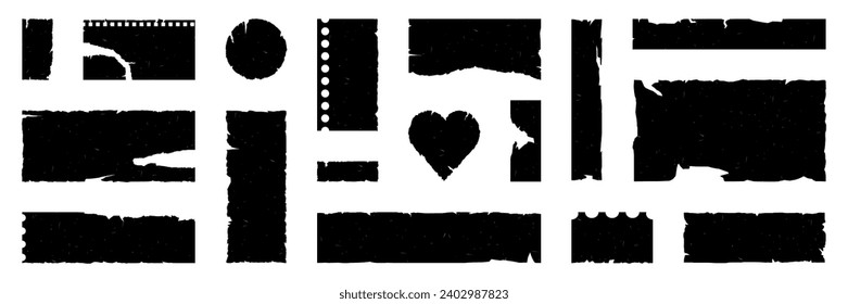 Set of grunge jagged rectangle shape. Black torn paper sheet with dusty texture. Frame for sticker, collage, banner. Vector illustration isolated on white background.
