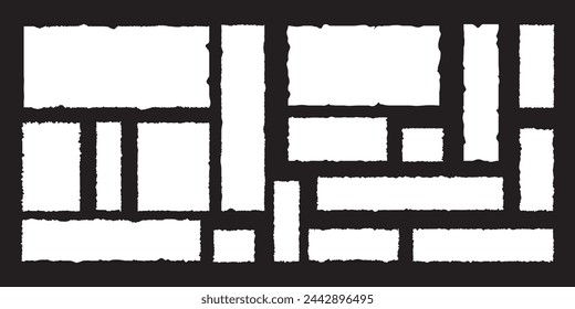 Set of grunge jagged rectangle shape. white torn paper sheet for sticker, collage, banner. Set of silhouettes of ripped rectangular shapes.
