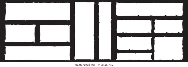 Set of grunge jagged rectangle shape. Black torn paper sheet for sticker, collage, banner. Isolated on black background. Vector illustration. EPS 10