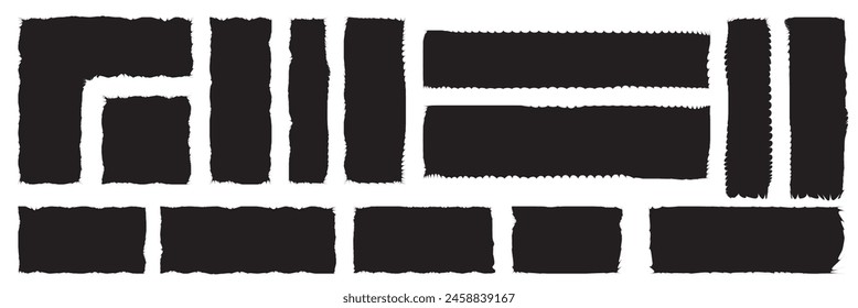 Set of grunge jagged rectangle shape. Black torn paper sheet for sticker, collage, banner. Isolated on white background. Vector illustration. EPS 10