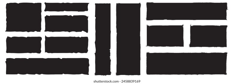 Set of grunge jagged rectangle shape. Black torn paper sheet for sticker, collage, banner. Isolated on white background. Vector illustration. EPS 10