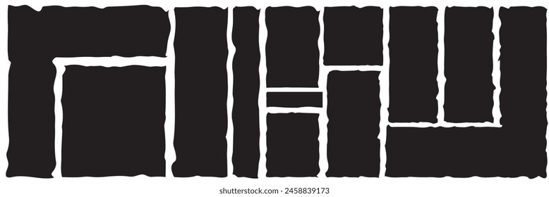 Set of grunge jagged rectangle shape. Black torn paper sheet for sticker, collage, banner. Isolated on white background. Vector illustration. EPS 10