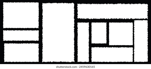 Set of grunge jagged rectangle shape. Black torn paper sheet for sticker, collage, banner. Vector illustration isolated on black background. eps 10
