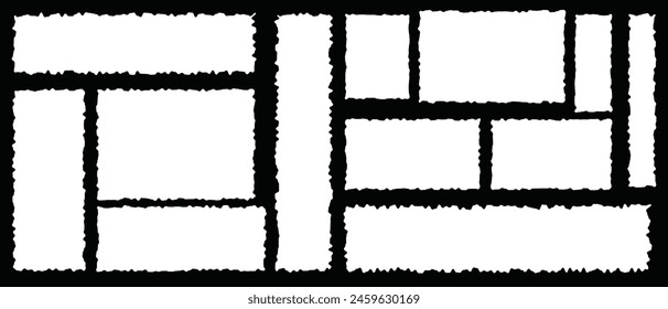 Set of grunge jagged rectangle shape. Black torn paper sheet for sticker, collage, banner. Vector illustration isolated on black background. eps 10