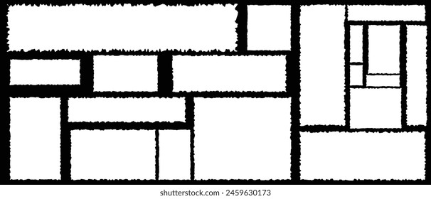 Set of grunge jagged rectangle shape. Black torn paper sheet for sticker, collage, banner. Vector illustration isolated on black background. eps 10