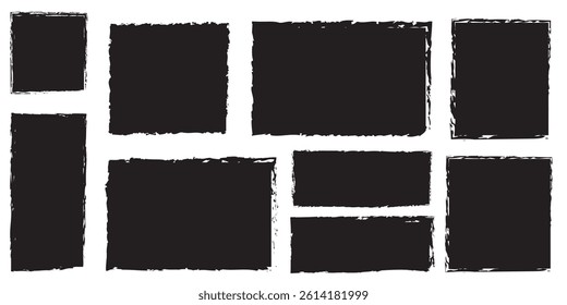 Set of grunge jagged rectangles of black brush-painted paper sheet for sticker, collage, banner. Vector illustration isolated on white background.