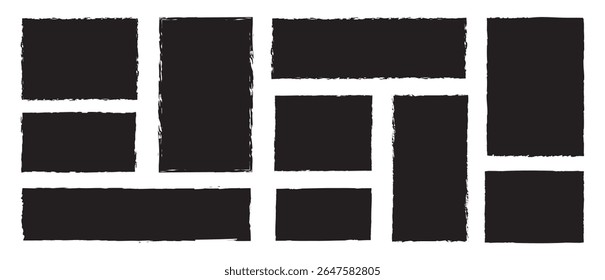 Set of grunge jagged rectangles of black brush-painted paper sheet for sticker, collage, banner. Black grunge vector rectangular and square text box frames. Vector illustration.