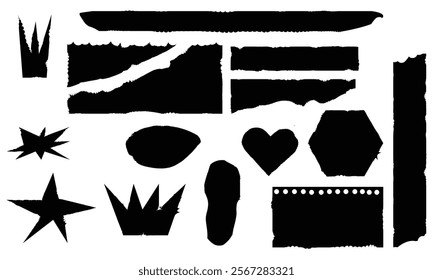 Set of grunge jagged shape, including rectangle, irregular star, heart and crown. Black torn paper sheet for sticker, collage, banner. Vector illustration