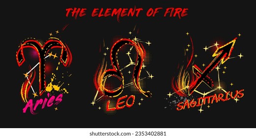 Set with grunge labels witn icons of zodiac sign Aries, Leo, Sagittarius with constellation, text, paint splatter, smudge, brush strokes. Horoscope esoteric element of the element of fire Street style