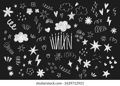 Conjunto de elementos de doodle emo ingênuos grunge. Corações de caligrafia, estrelas, faíscas, movimentos e expressões de movimento. Rabiscos de lápis de cera. Feliz aniversário bonito elemento